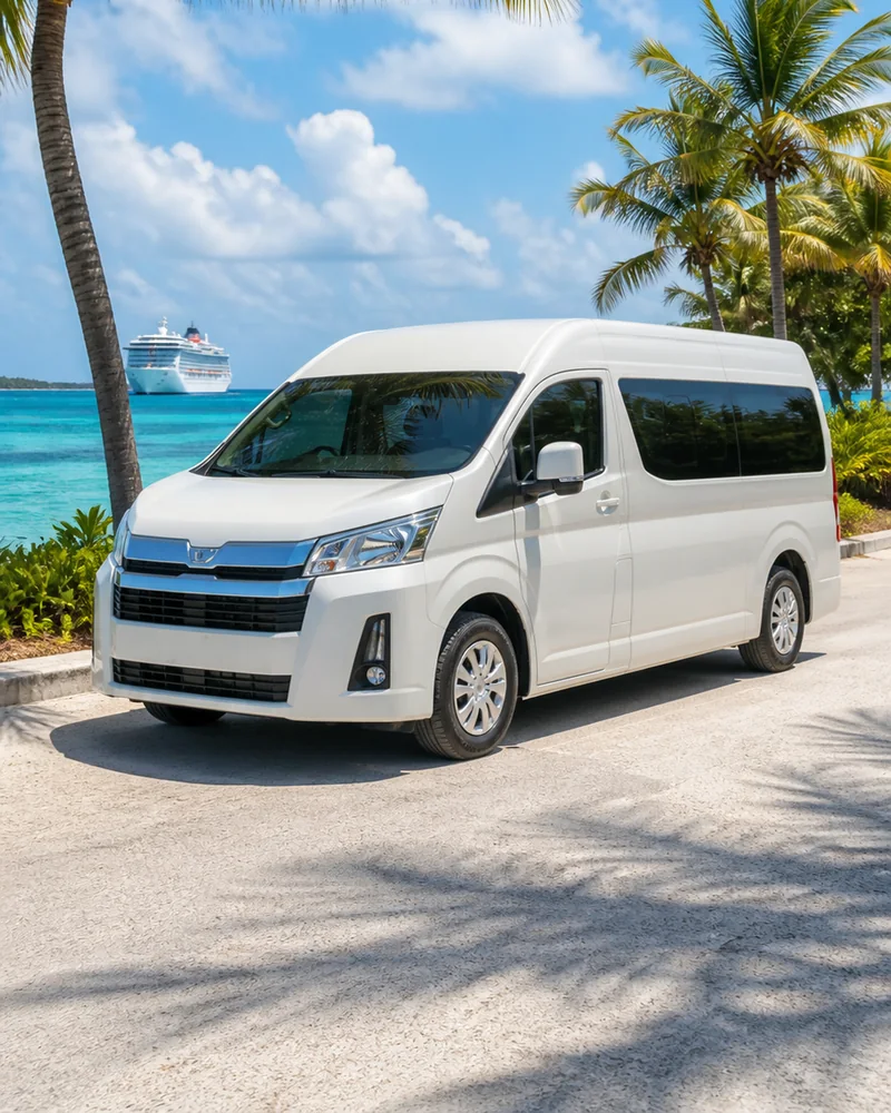 Complete private shuttle parked near the Mahahual beachfront in Costa Maya